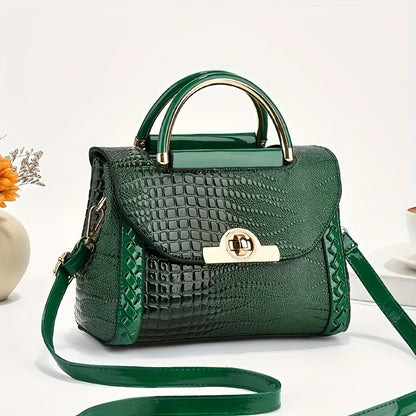 Classic Solid Color Mini Square Shoulder Bag, Crocodile Pattern Top Handle Bag For Women