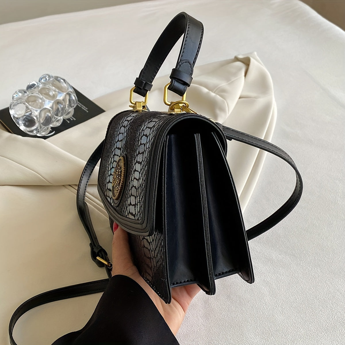 Novelty Crocodile Pattern Shoulder Bag, Top Handle Flap Crossbody Wallet, Women's Textured PU Leather Bag