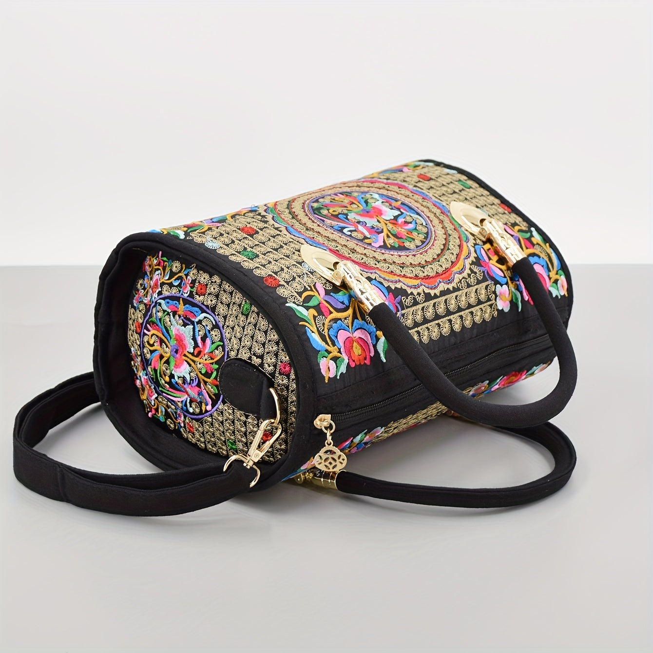 Vintage Embroidered Boston Bag, Retro Bohemian Tote Bag, Women's Ethnic Style Handbag & Purse