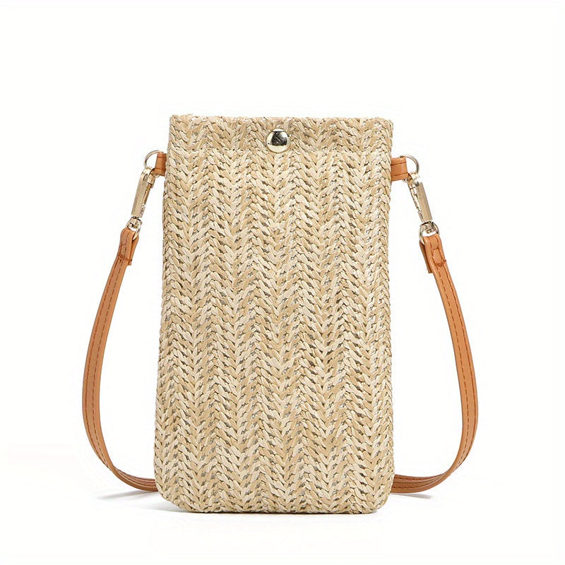 realaiot  Simple Straw Shoulder Bag, Solid Color Crossbody Bag, All-Match Phone Storage Bag