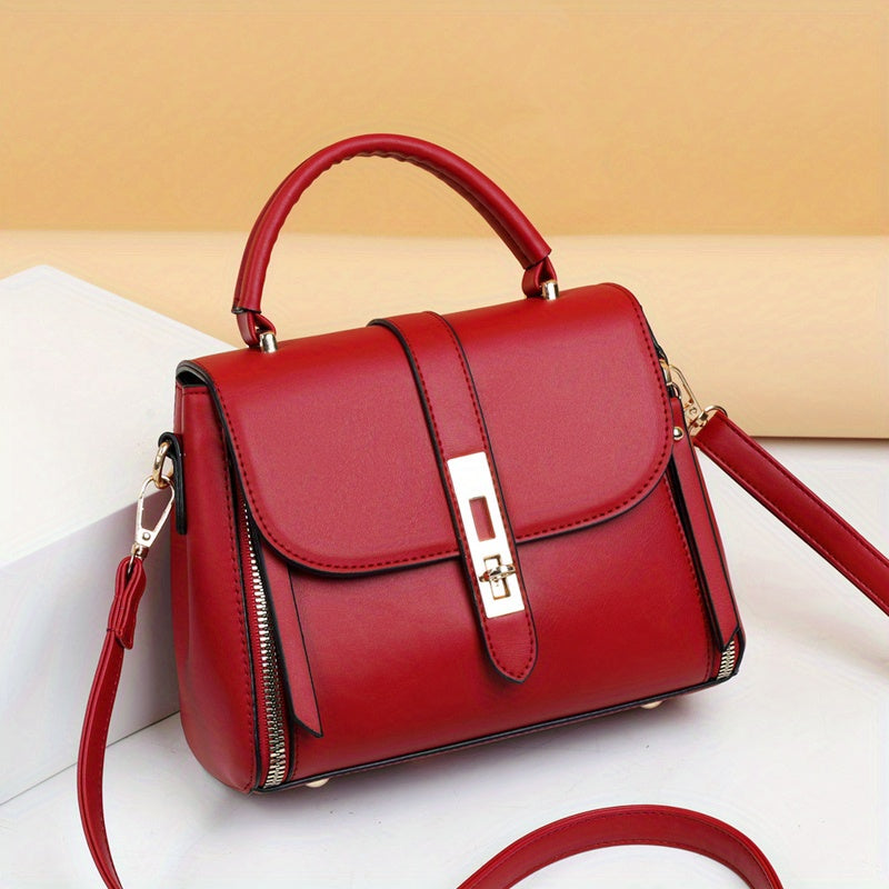 Turn Lock Square Handbag, Solid Color Crossbody Bag, Women's PU Leather Flap Purse