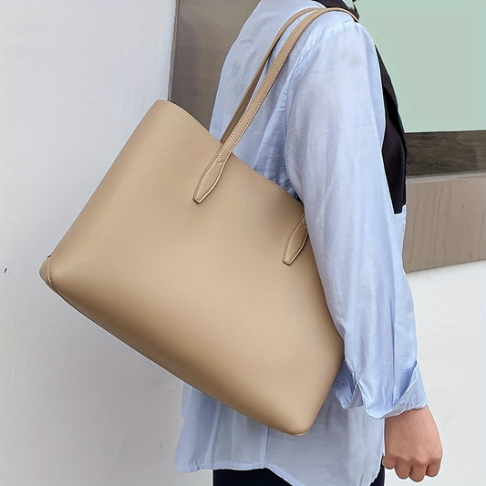 realaiot  Solid Color Large Tote Bag, Minimalist Shoulder Bag, All-Match Bag With Fixed Straps