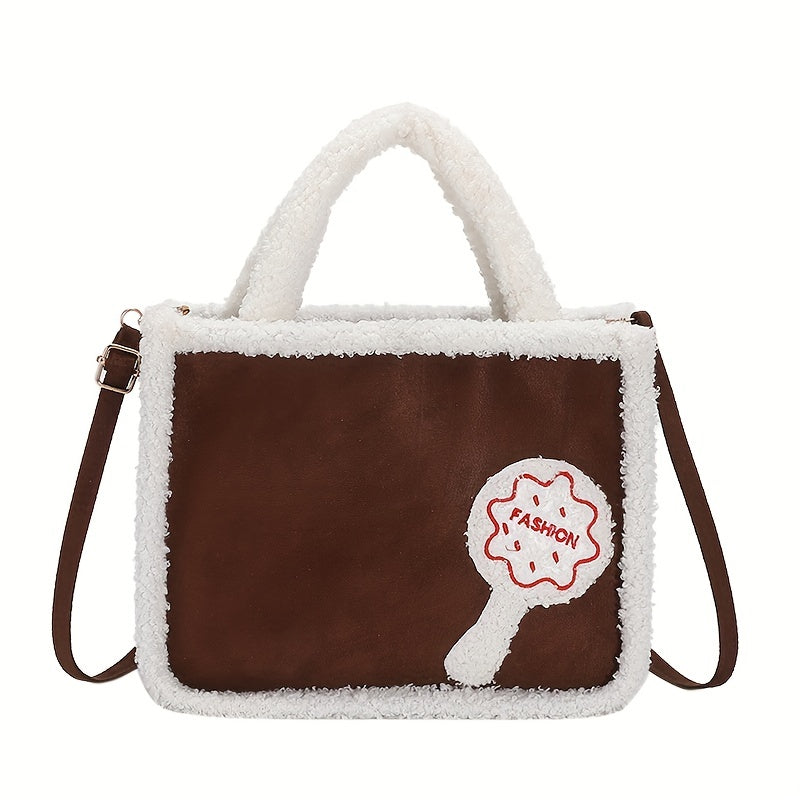 Trendy Colorblock Plush Square Bag, Stylish Preppy Storage Crossbody Bag, Kawaii Satchel Bag