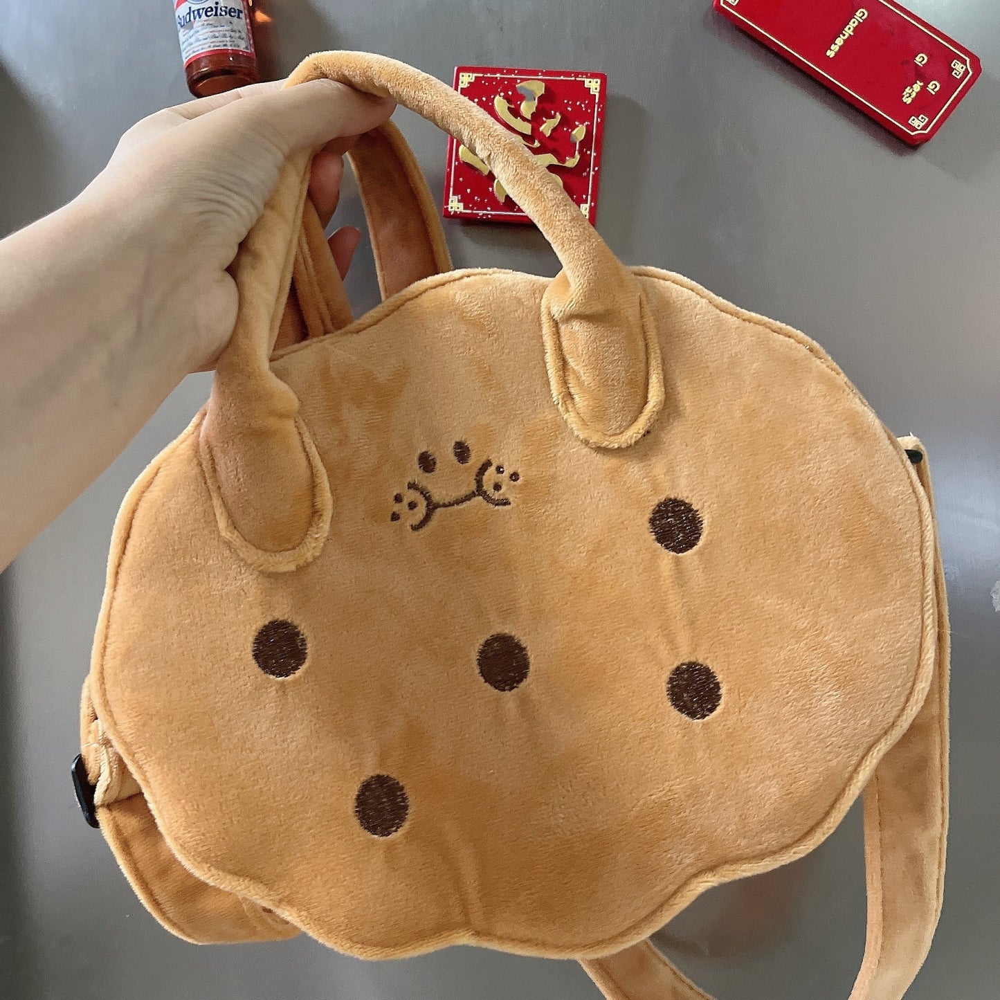 realaiot  Cute Cookie Plush Shoulder Bag,  Kawaii Expression Crossbody Bag, Perfect Sling Bag For Daily Use