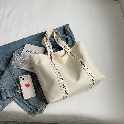 realaiot  Simple Canvas Tote Bag, Casual Preppy Style School Handbag, Letter Strap Shoulder Bag For Going Out