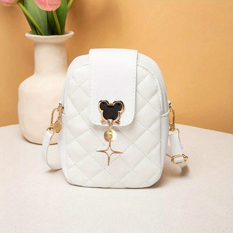 Mini Quilted Mouse Decor Crossbody Bag, PU Leather Textured Bag, Classic Versatile Fashion Shoulder Bag