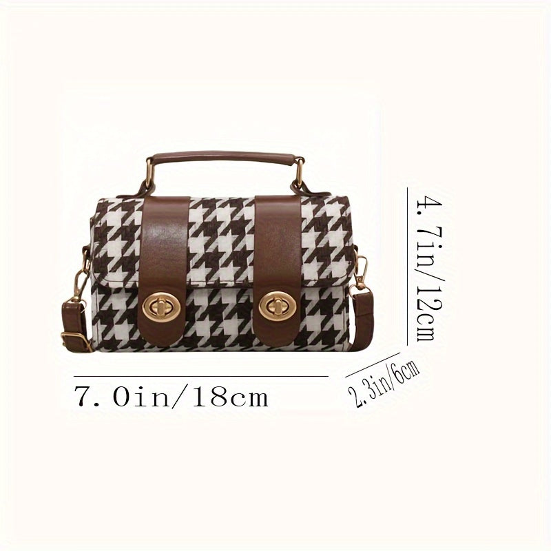 Mini Houndstooth Pattern Stitching Square Bag, Turn-Locks Top Handle Wallet For Women, Vintage Handbag