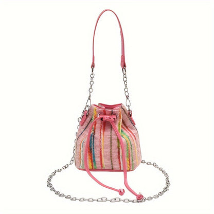 realaiot  Striped Tweed Bucket Bag For Women, Trendy Mini Chain Crossbody Bag, Autumn Winter Drawstring Shoulder Purse