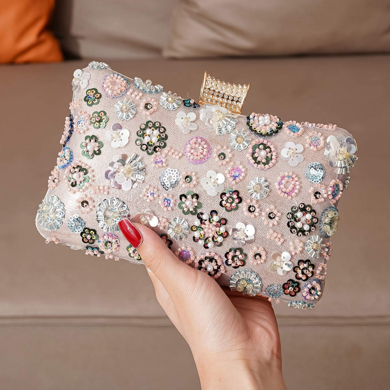 realaiot  Classic Niche Sequins Flower Decor Mini Evening Clutch Bag, Retro Style Elegant Square Dinner Clip Wallet For Women For Music Festival