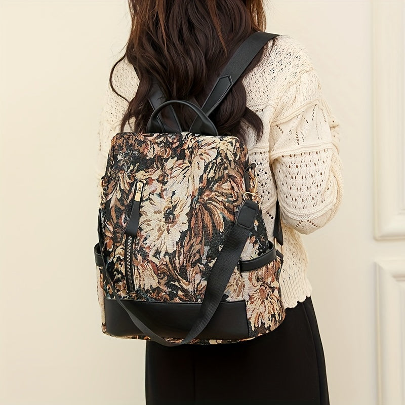 Vintage Floral Pattern Backpack, Anti-Theft Convertible Travel Daypack, Women's Fashion School Knapsack