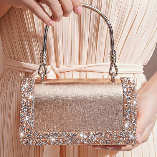 realaiot  Elegant Color Blocking Rhinestone Decor Evening Bag, Portable Flap Handle Dinner Bag, Perfect Handbag For Prom, Wedding And Banquet