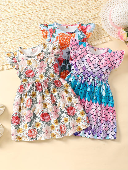 3 Packs Girls Mermaid & Whales & Rainbow Pattern Frill Sleeve Comfy Casual Dresses - Soft Slight Stretch Polyester Fabric, A-Line Fit, Perfect for Summer Holiday Gift