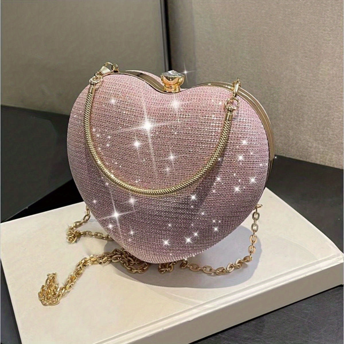 Mini Heart Shaped Prom Purse, Glitter Chain Crossbody Bag, Women's Box Handbag For Wedding & Party