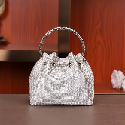 realaiot  Full Rhinestone Bucket Bag, Trendy Shiny Evening Handbag, Women's Mini Chain Crossbody Bag Prom Purse