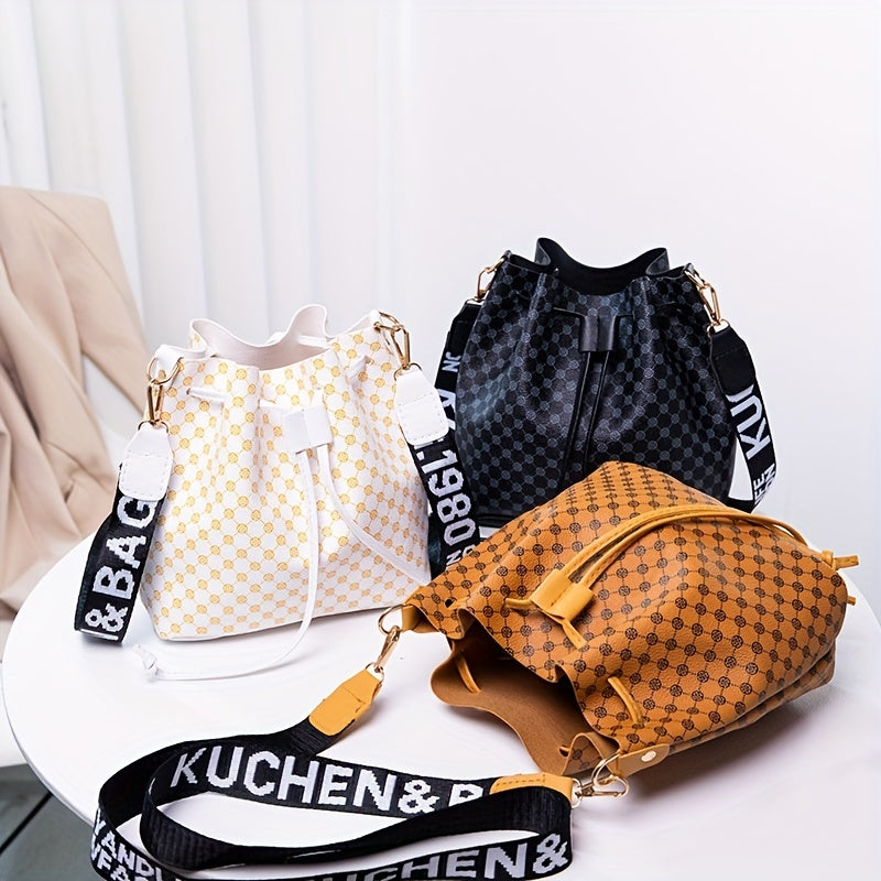 realaiot  Vintage Small Geometric Pattern Bucket Bag, Classic Drawstring Shoulder Bag, Mini Letter Pattern Strap Crossbody Bag