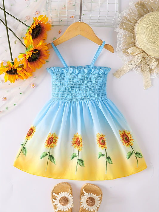 Toddler Girls Gradient Color Sunflower Graphic Frill Trim Shirred Cami Princess Dress For Party Beach Vacation Kids Summer Clothes 4th Of July Outfit