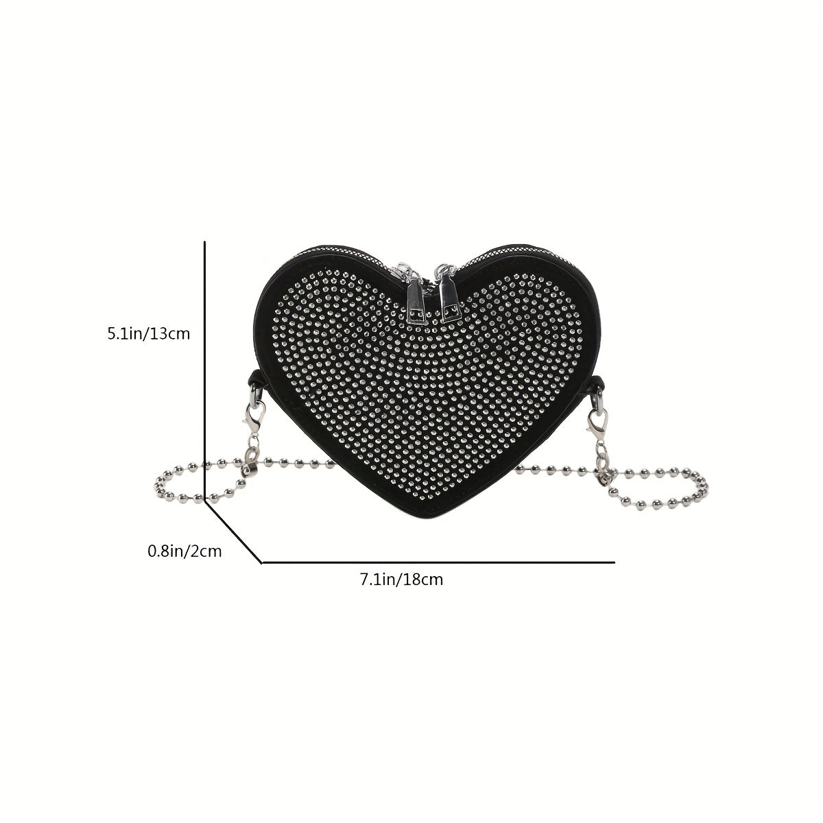 realaiot  Mini Rhinestone Heart Shaped Metal Chain Crossbody Bag, PU Leather Textured Bag Purse, Classic Versatile Fashion Shoulder Bag