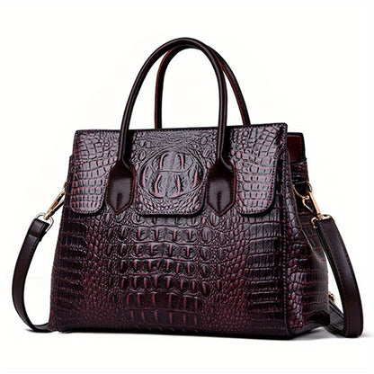 Retro Crocodile Embossed Tote Bag, Luxury Vegan Leather Satchel Purse, Large Capacity Crossbody Bag For Women