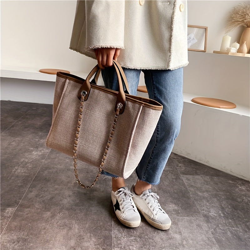Women's Minimalist Tote Bag, Canvas Shoulder Bag With Chain Strap, All-Match Bag
