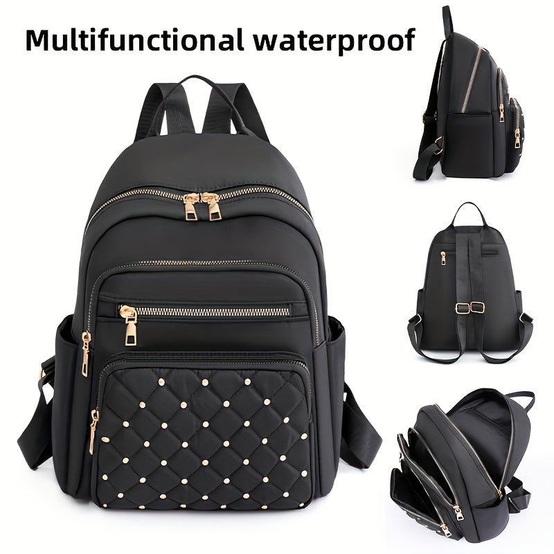 realaiot  Quilted Zipper Backpack Purse, Classic Studded Decor Daypack, Women's Stylish Preppy School Bag & Book Bag