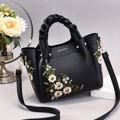 realaiot  Classic Flower Embroidered Tote Bag, Elegant Satchel Bag With Twisted Strap, All-Match Bag For Work