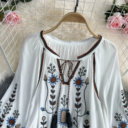 TEELYNN BOHO blouse cotton floral embroidered blouses tassel long lantern sleeve loose Casual hippie women tops blouse and shirt 210315