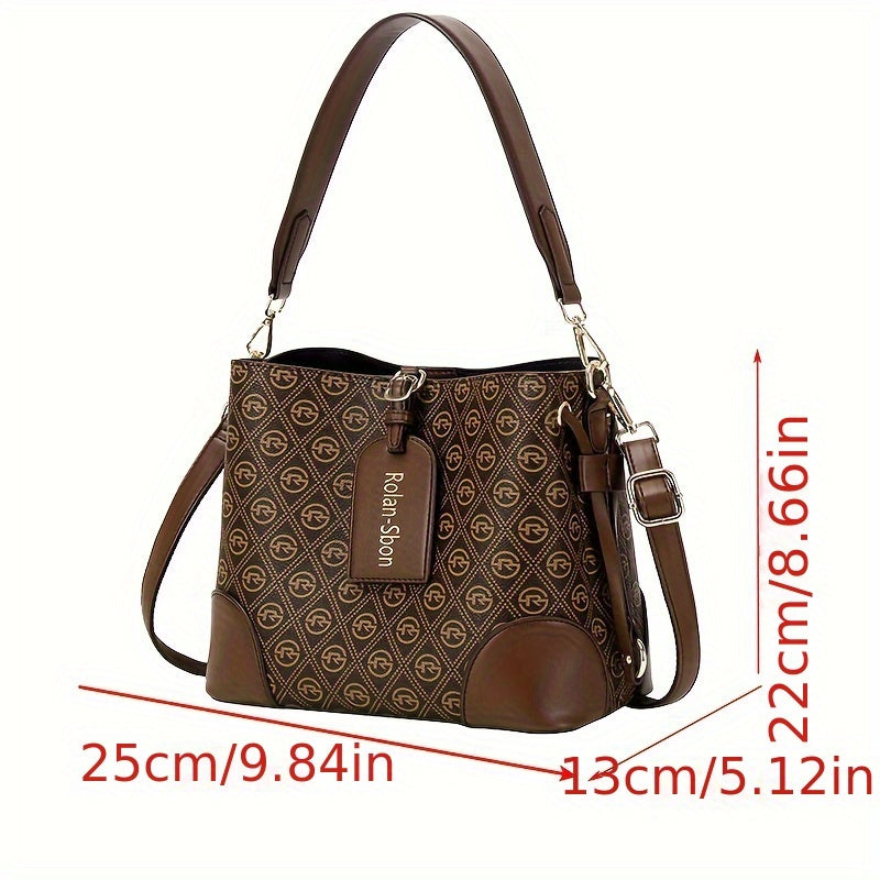 realaiotClassic Style Bucket Bag For Women, Retro Mini Crossbody Bag, Fashion Geometric Print Shoulder Handbag Purse