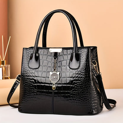 realaiot  Crocodile Pattern Handbag, Stylish Glossy Crossbody Bag, Women's Top Handle Satchel Purse