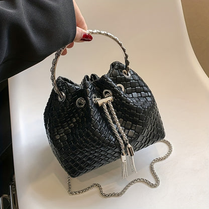 Mini Woven Bucket Bag For Women, Trendy Rhinestone Handbag, PU Leather Crossbody Bag With Chain Strap