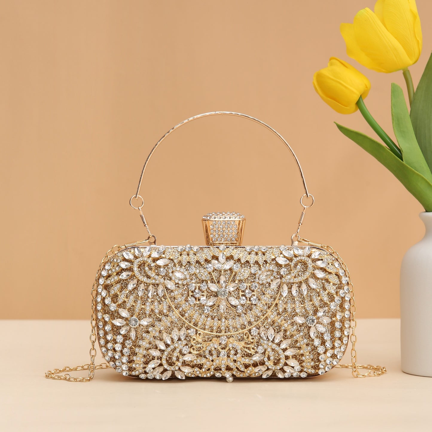 realaiot  Rhinestone Luxury Clutch Bag, Flower Pattern Evening Shoulder Bag With Chain For Party & Dinner