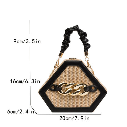 realaiot  Trendy Chain Shoulder Bag, Fashion Top Handle Straw Box Bag, Women's Vacation Style Purse