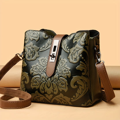 Elegant Flower Pattern Shoulder Bucket Bag, Turn-Lock Handbag For Work, Classic Textured Bag