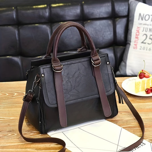 Vintage Durable Shoulder Bag, Zipper Portable Tote Handbag, PU Leather Large Capacity Shopping Crossbody Bag