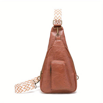 realaiot  Vintage Style Sling Bag, Geometric Strap Crossbody Bag, Women's PU Leather Chest Purse