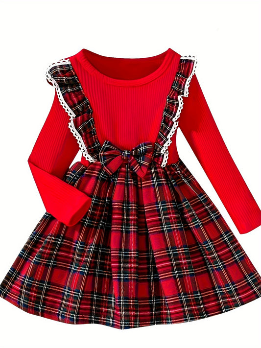 Long Sleeve Sweet & Stylish Ruffle Spliced Bow Decor Plaid Pattern Dress for Fall & Winter, as Christmas Gifts