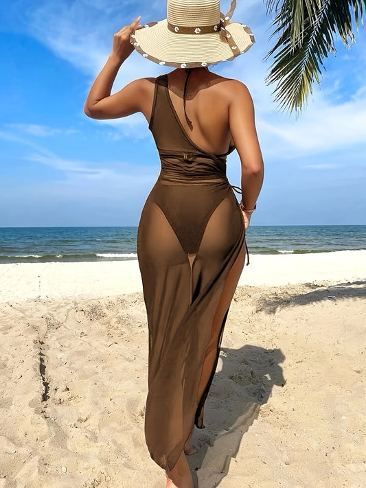 Solid Color 3 Piece Set Bikini, Triangle Halter Neck High Cut With One Shoulder Cover Up Dress Swimsuits, Women's Swimwear & Clothing