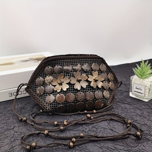 Vintage Bohemian Woven Shoulder Bag, Beaded Zipper Shoulder Purse, Travel Straw Crossbody Bag