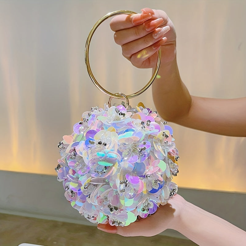 Mini Sequin Floral Clutch Bag, Elegant Round Evening Bag, Women's Formal Dinner Purse For Wedding Party & Prom (5.9"x6.1"x5.9")