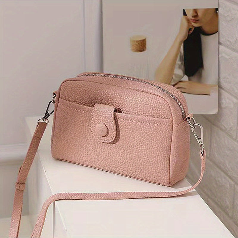 realaiot  Simple Zipper Cell Phone Crossbody Bag, PU Leather Textured Bag Purse, Classic Versatile Fashion Shoulder Bag