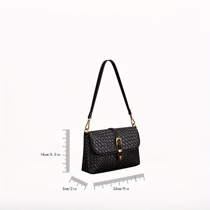 realaiot Trendy Woven Shoulder Bag, Luxury Solid Color Handbag, Women's Buckle Flap Purse Square Handbag