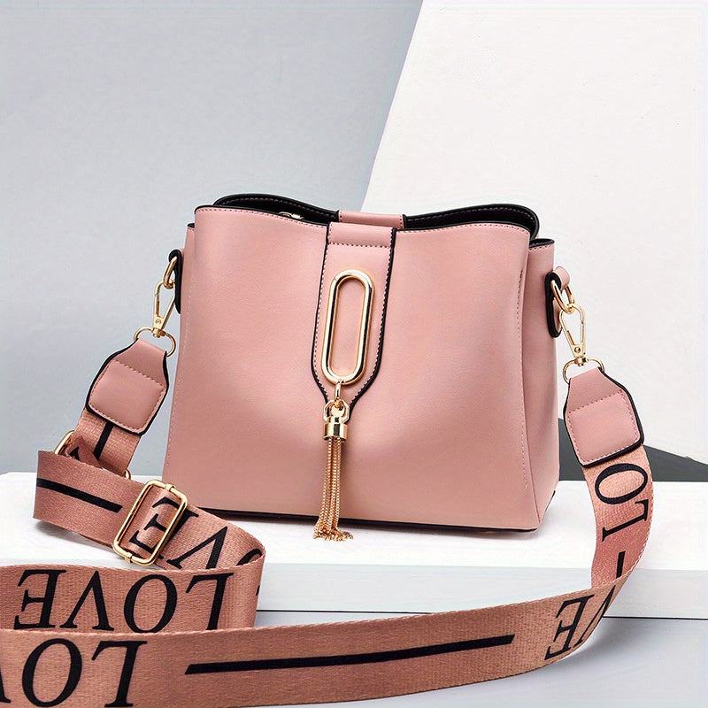 Letters Strap Bucket Bag, Tassel Decor Crossbody Bag, Women's Small Shoulder Purses