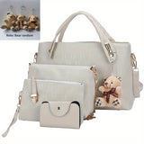 Women's Fashion Tote Bag Set, 4 Pcs Trendy Handbag & Shoulder Bag & Clutch Bag & Key Card Bag