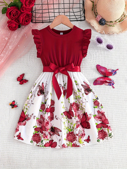 Girls Enchanting Fantasy Butterfly Print Spliced Midi Dress -Casual Summer Holiday Style - Perfect Gift Idea