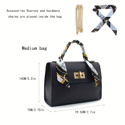 realaiot  Trendy Mini Flap Handbag, Women's Faux Leather Chain Crossbody Bag, Stylish Top Handle Purse,A Handbag Wrapped In A Silk Scarf, Fashion Chain Small Bag