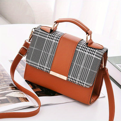 Trendy Plaid Pattern Handbags, Snap Button Crossbody Bag, Women's Top Handle Flap Purses For Everyday