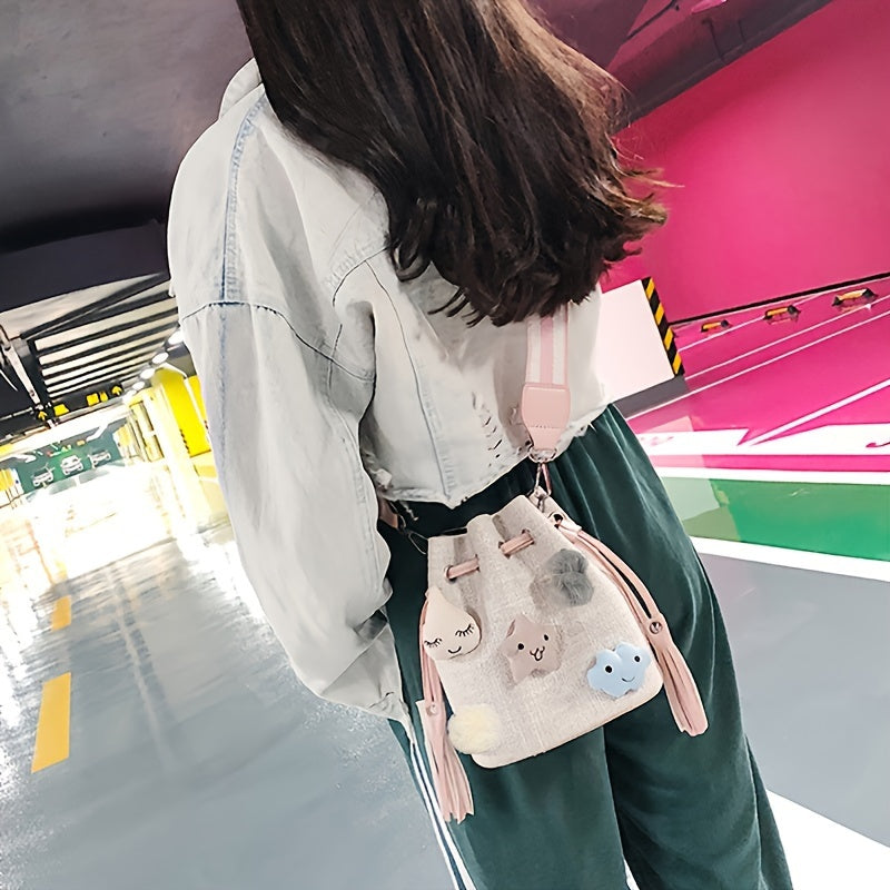 realaiot 2pcs/set Mini Cute Bucket Bag, Kawaii Drawstring Crossbody Bag, Women's Lovely Handbag, Shoulder Bag & Purse