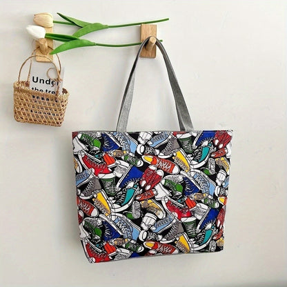 Canvas Vintage Geometric Pattern Tote Bag, Large Capacity Shoulder Bag, All-Match Handbag