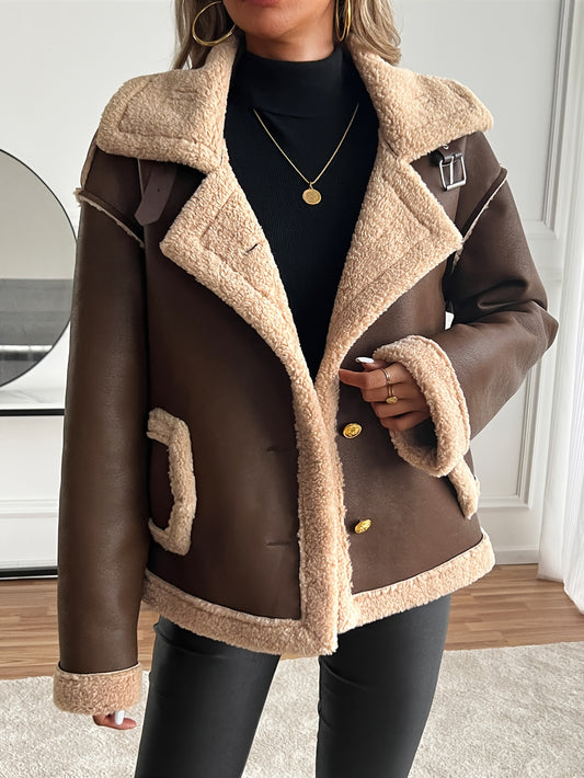 Stylish Faux Leather Biker Jacket - Elegant Women's Shearling-Lined Winter Outerwear with Pockets, Solid Color, Woven Polyester, and Chic Design - Perfect for Cold Weather