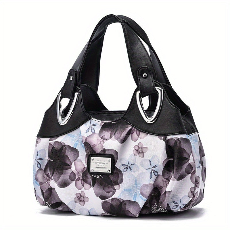 realaiot  Floral Print Top Handle Tote Bag, Fashion PU Satchel Bag, Women's Trendy Casual Handbag & Purse