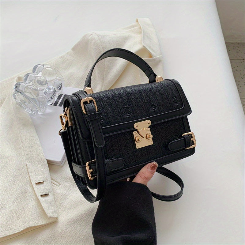realaiot  Top Handle Fashion Handbag, PU Leather Square Shoulder Bag, Versatile Flap Crossbody Bag